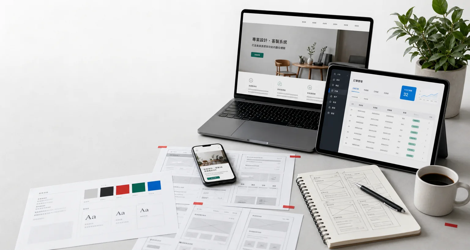 A project workbench showing a brand website, order dashboard, mobile layout and website wireframes