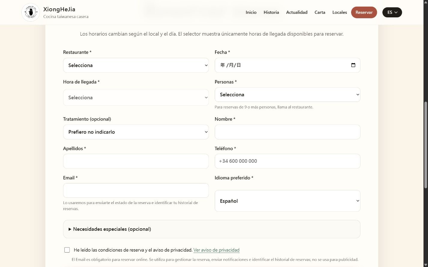 Live custom booking form on the Spanish Xiong He Jia website